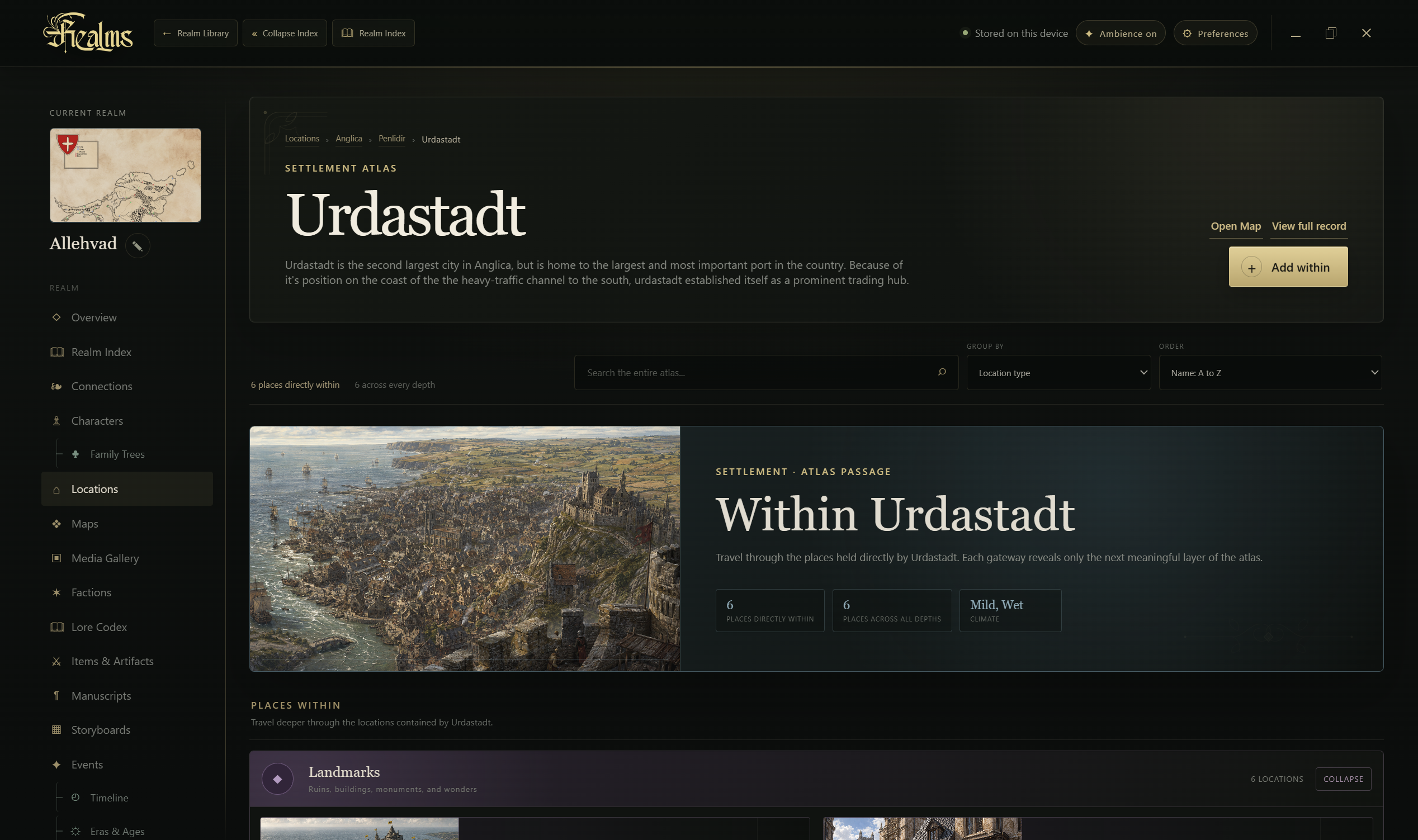 REALMS location atlas showing Urdastadt and the places within it