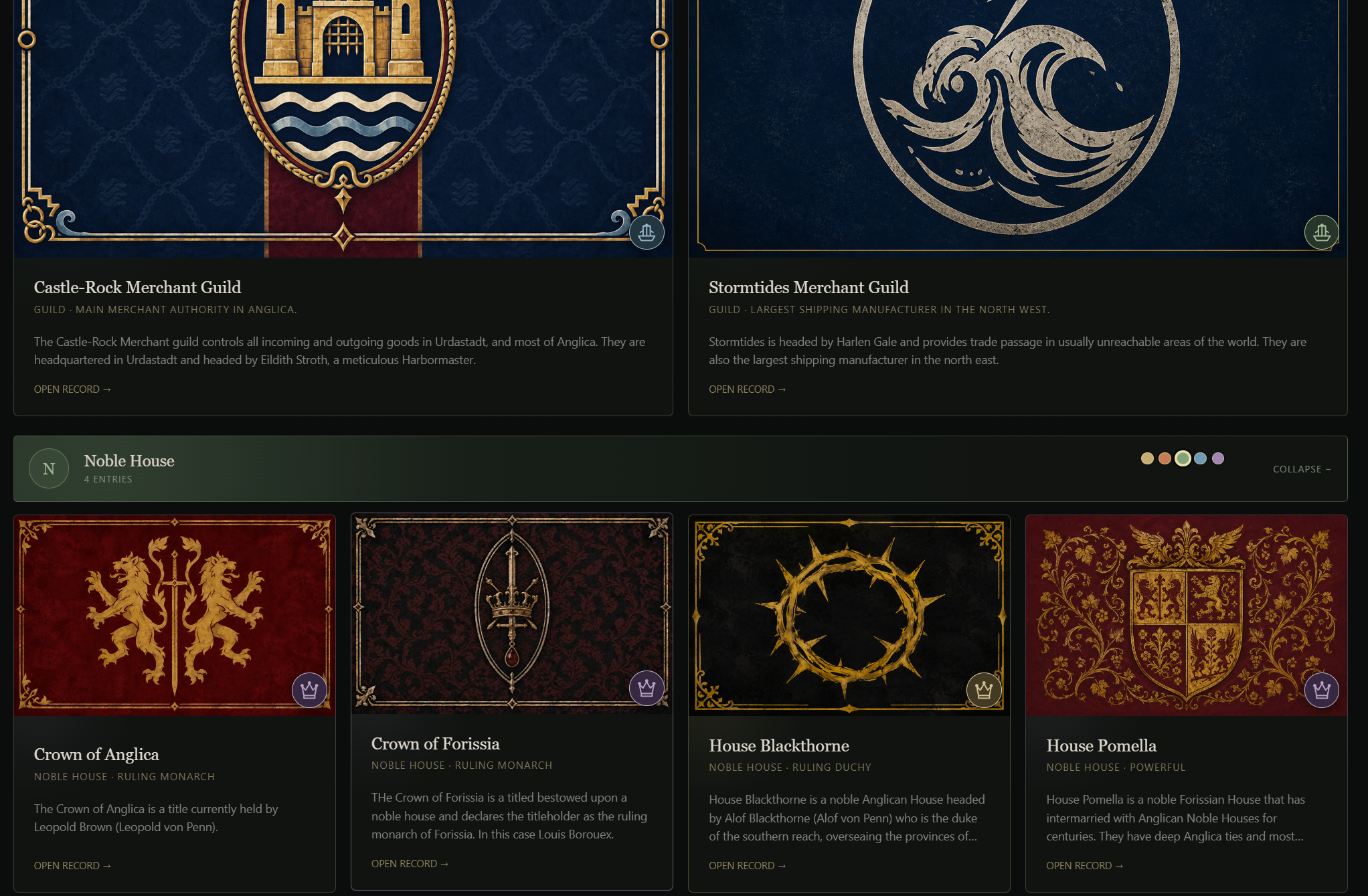 REALMS faction index with illustrated guild and noble house cards