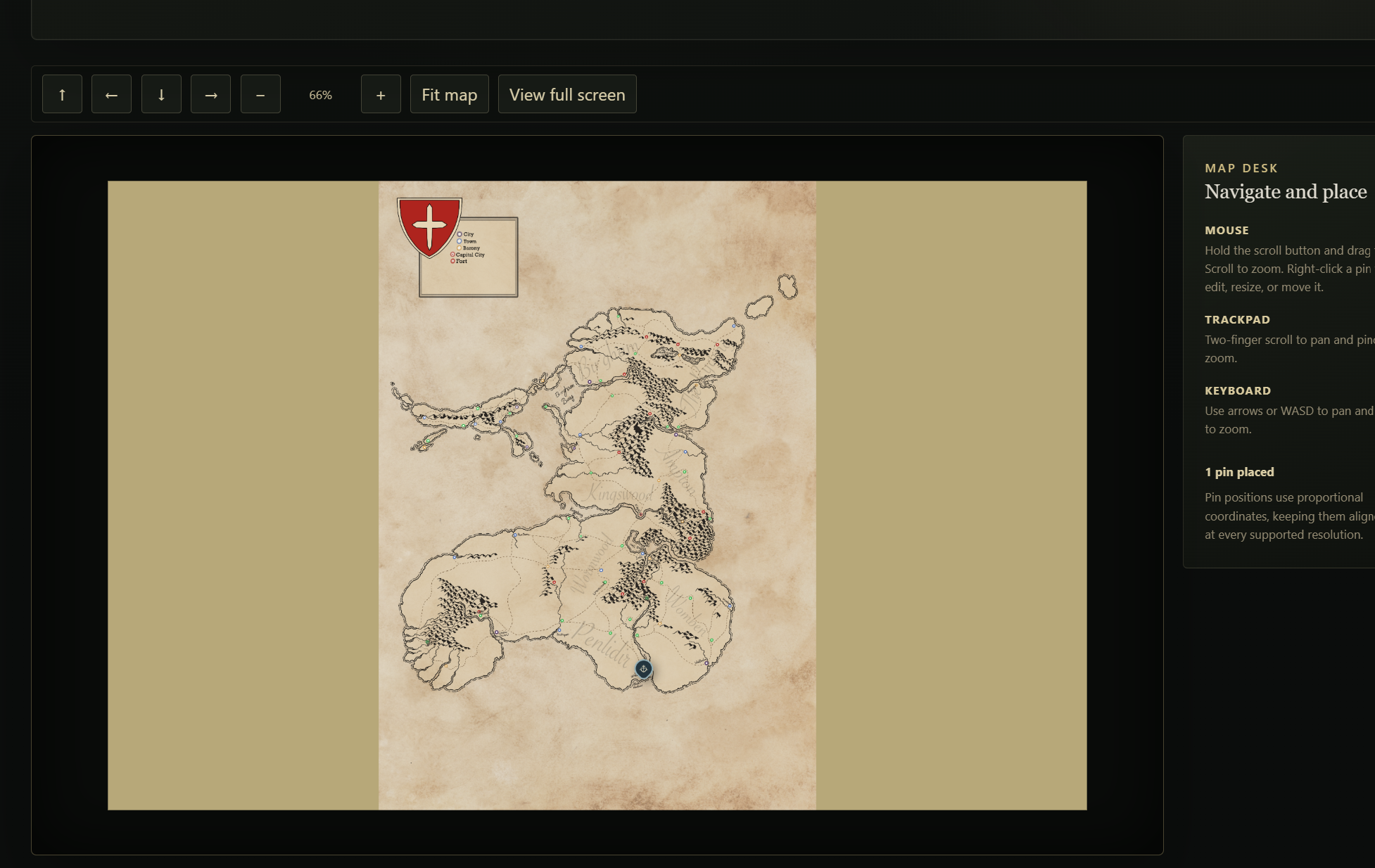 REALMS map desk showing a parchment map with location pins